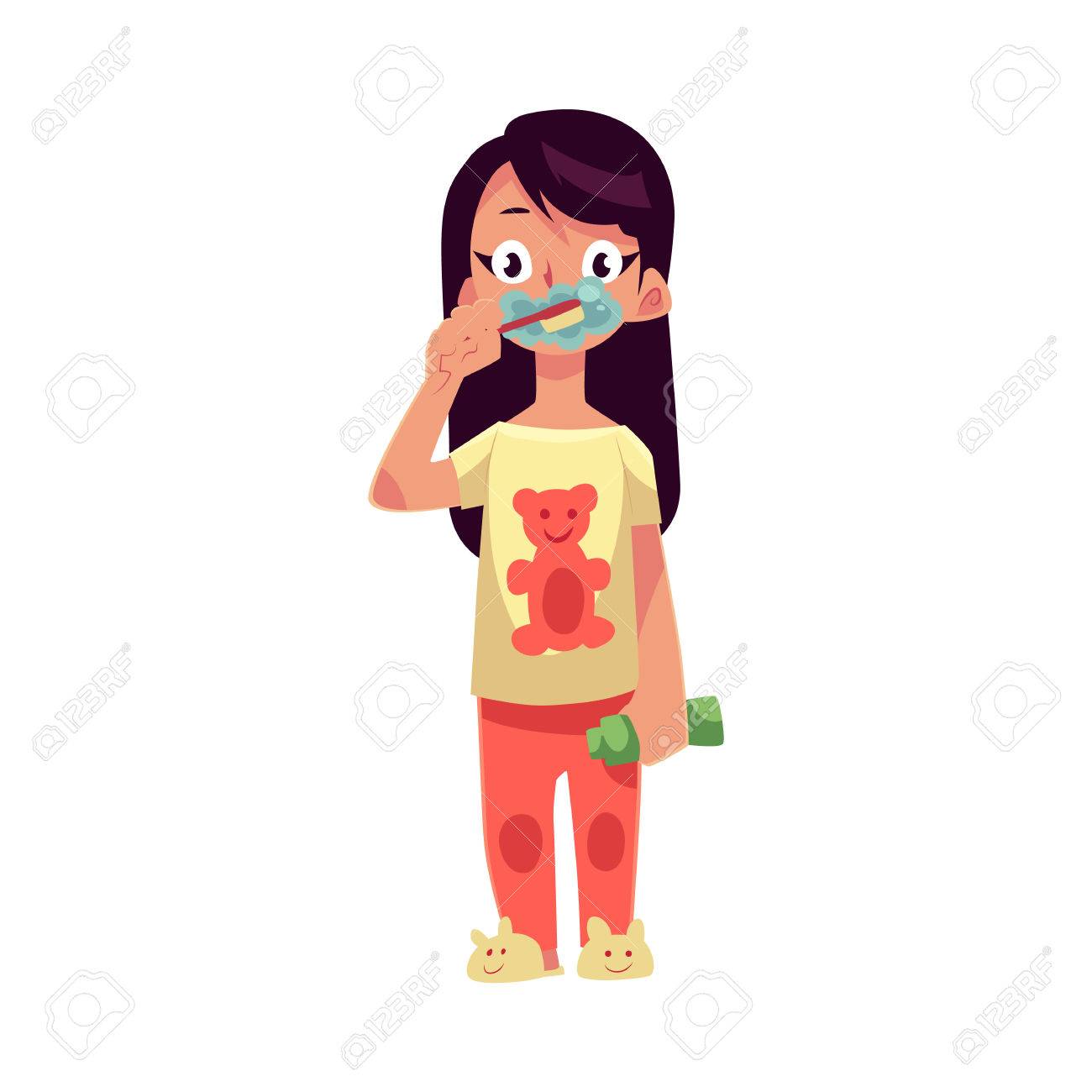 1300x1300 Little Girl In Pajamas Brushing Teeth With Toothbrush
