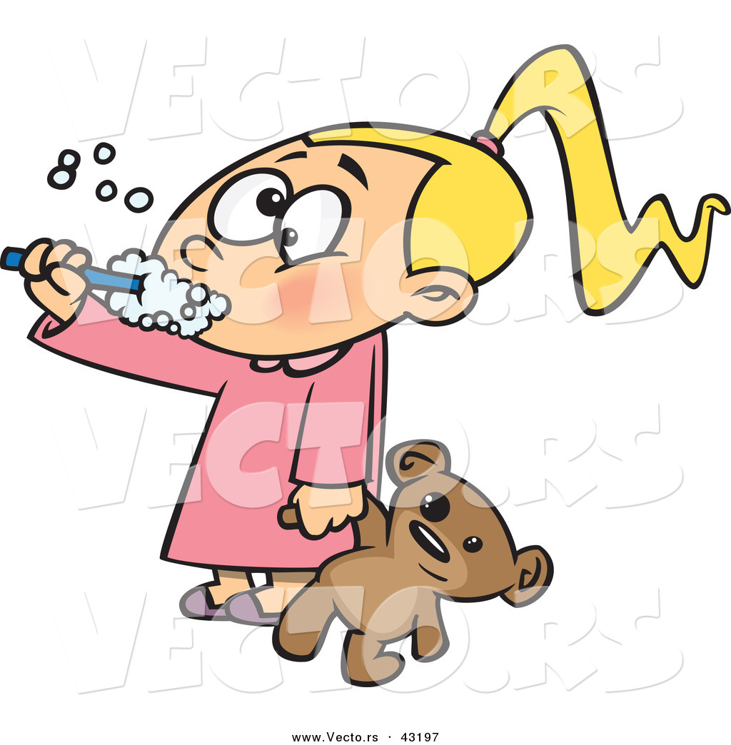 1024x1044 Vector Of A Cartoon Girl Brushing Her Teeth While Holding A Teddy