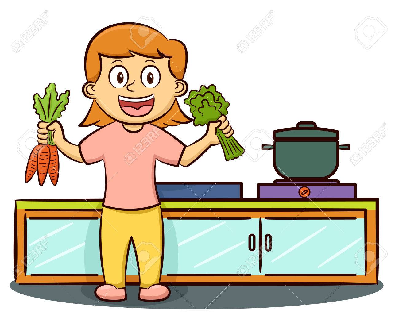 1300x1040 Young Girl In The Kitchen Prepare Vegetables For Cooking Cartoon