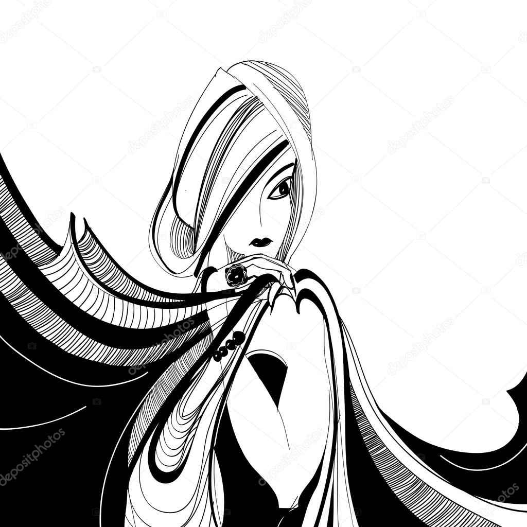 1024x1024 Stylized Black And White Drawing Of Beautiful Girl With Scarf