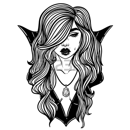 450x450 Vampire Girl Line Art. Hand Drawn Vector Illustration. Black