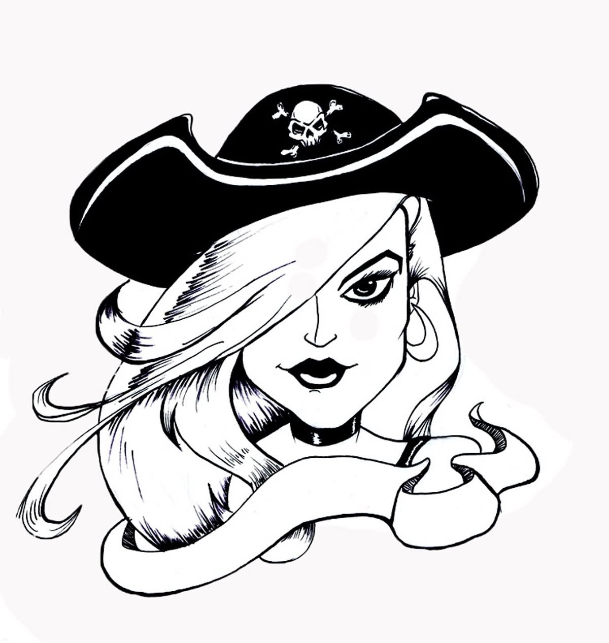 1200x1267 Black And White Drawn Girl Design Pirate Girl Shading Tattoo