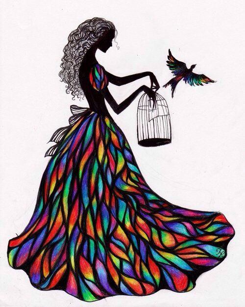 500x626 Silhouette Of Girl In Stained Glass Dress With Birdcage Bird Art