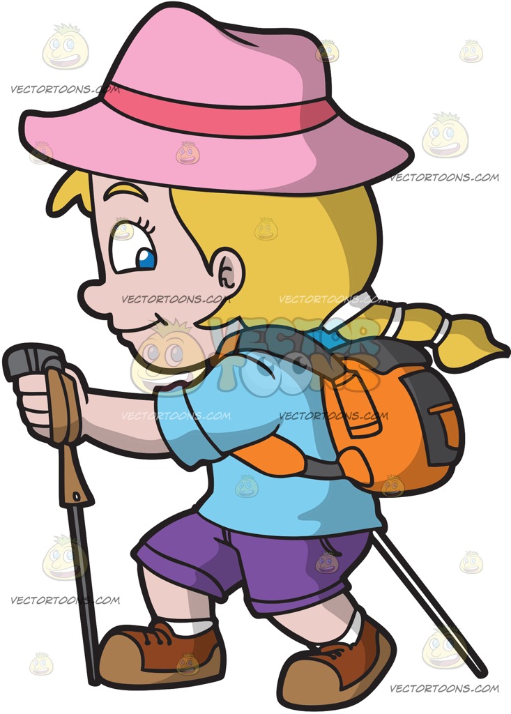733x1024 A Happy Girl Hiking Up A Trail Cartoon Clipart