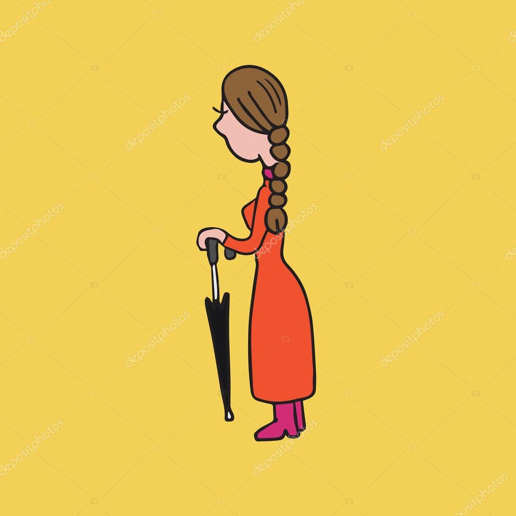 1024x1024 Girl Pigtail Holding Umbrella Cartoon Drawing Stock Vector