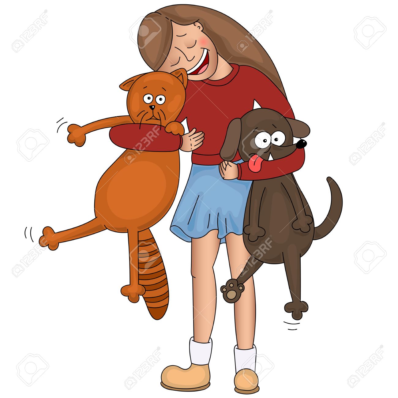 1300x1300 Happy Little Girl Hugging Her Cat And Strong Dog Royalty Free