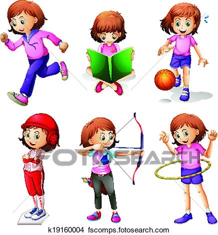 436x470 Clipart Of A Young Girl Doing Different Activities K19160004