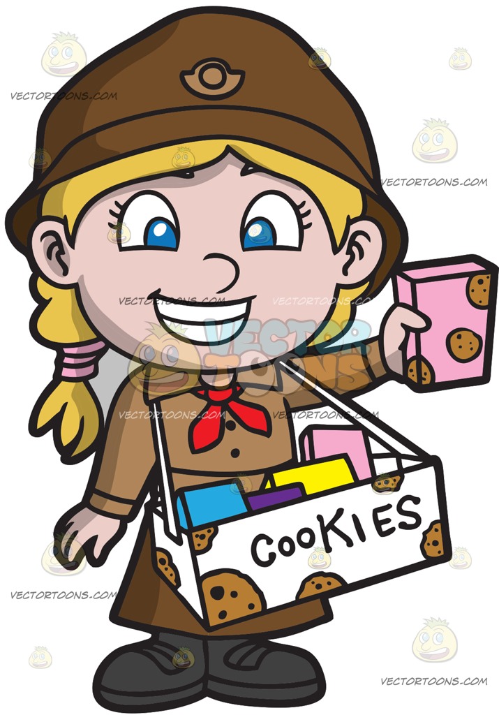 715x1024 A Cute Girl Scout Selling Cookies Cartoon Clipart