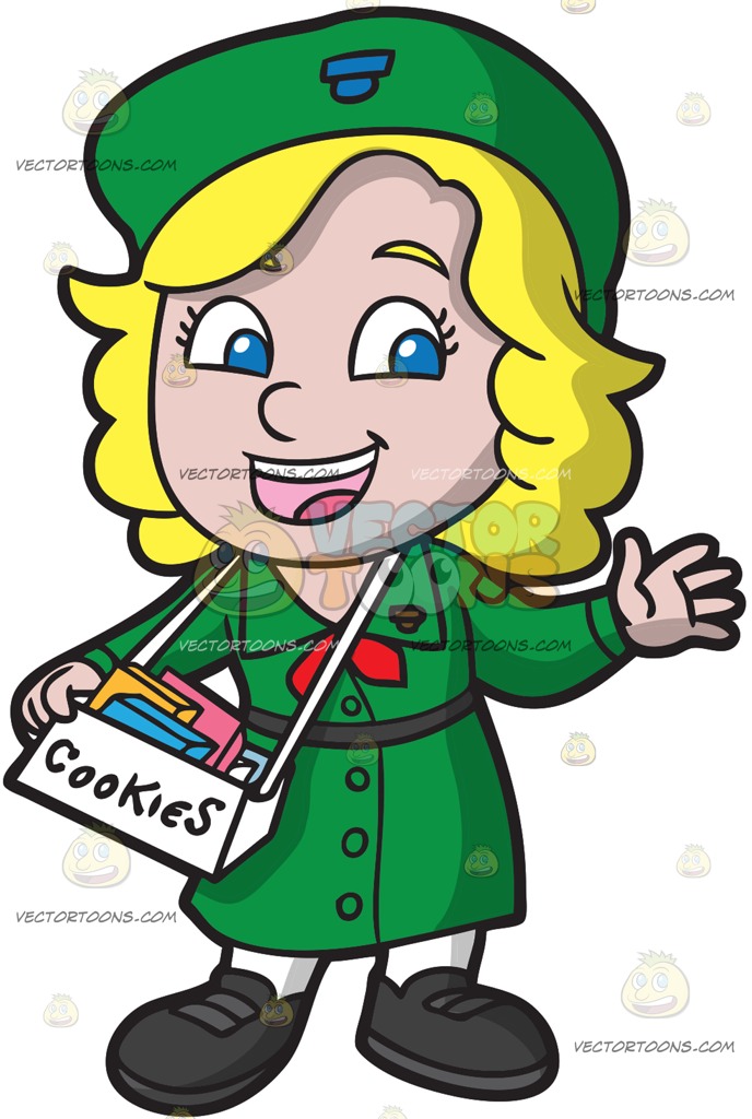 688x1024 A Happy Girl Scout Selling Cookies Cartoon Clipart