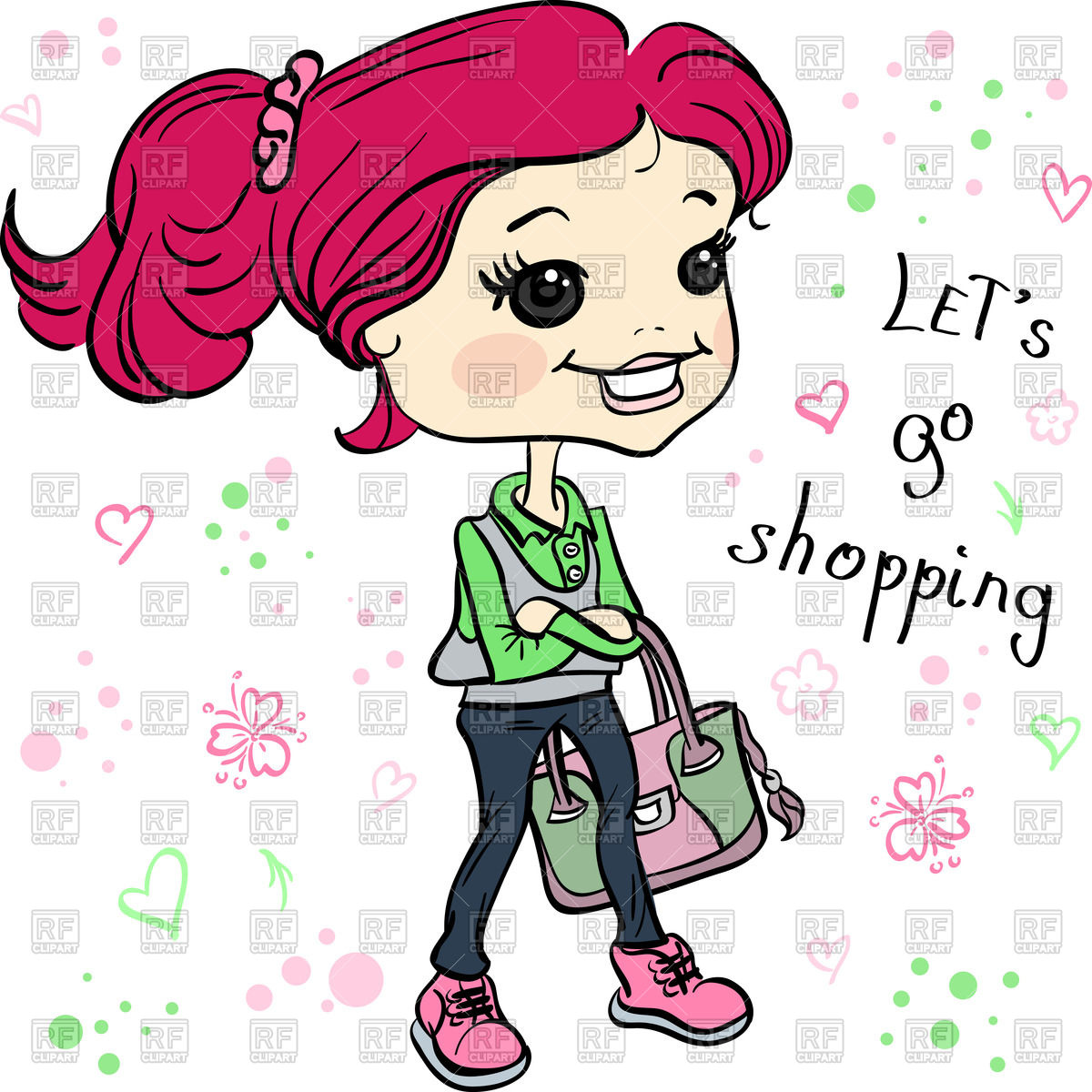 1200x1200 Cartoon Hipster Girl With Bag Going For Shopping Royalty Free