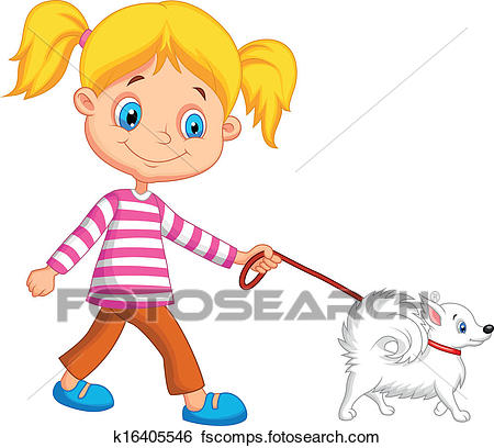 450x408 Clip Art Of Cute Cartoon Girl Walking With Dog K16405546