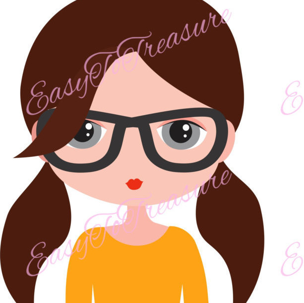 613x610 Digital Download Clipart Dark Hair Glasses Girl