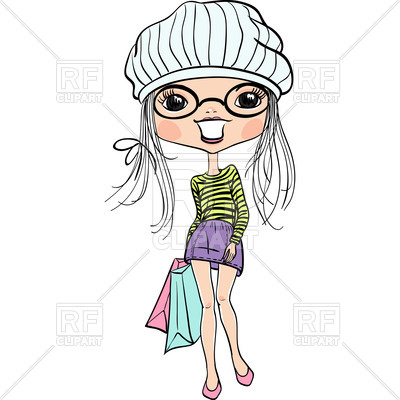 400x400 Cartoon Fashion Girl In Cap And Sunglasses With Shopping Bags