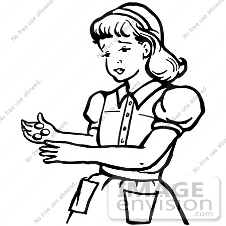 450x450 Clipart Of A Retro Girl Holding Coins In Black And White