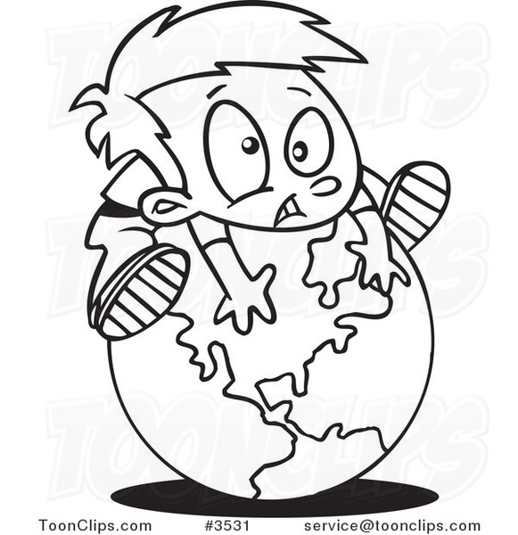 581x600 Cartoon Black And White Line Drawing Of A Boy On Top Of A Globe