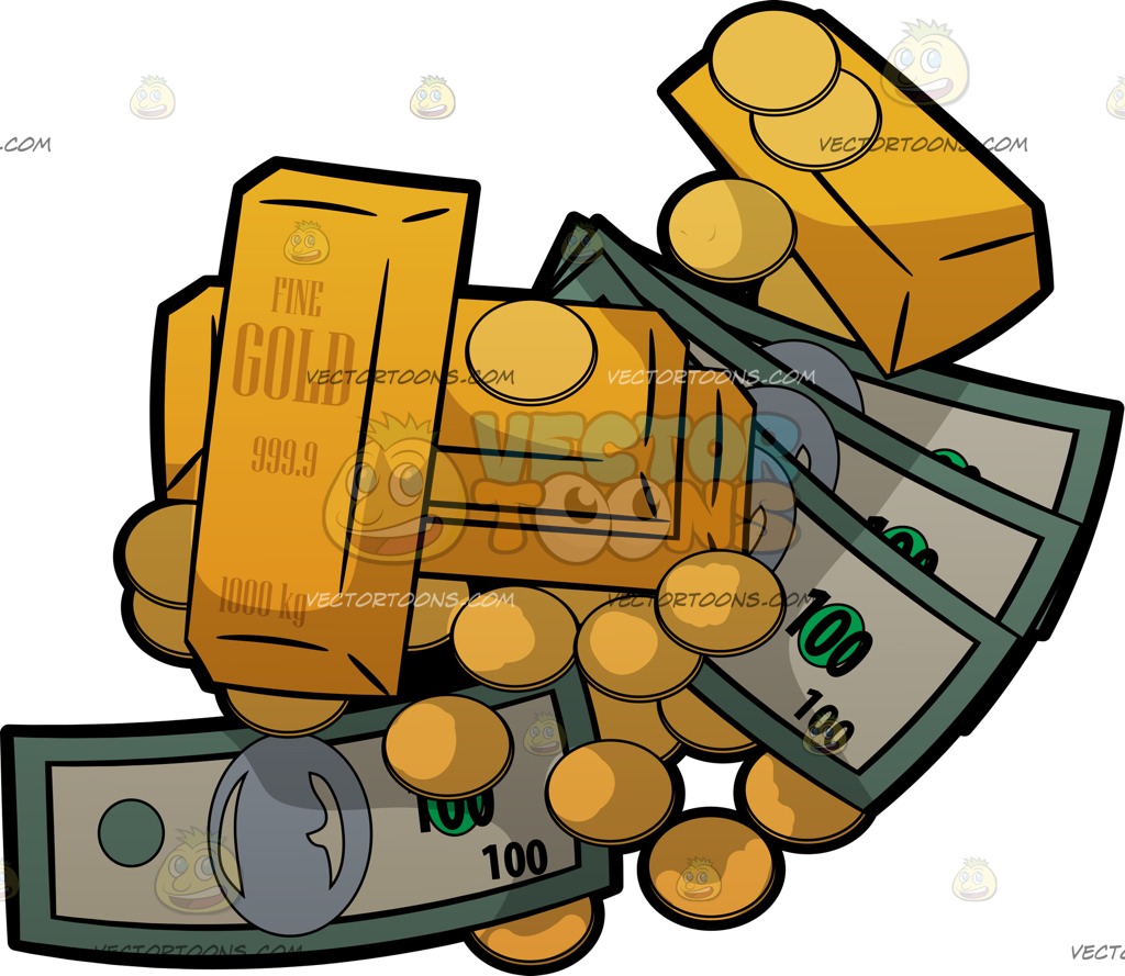 1024x889 A Pile Of Cash Gold Bars And Gold Coins Cartoon Clipart