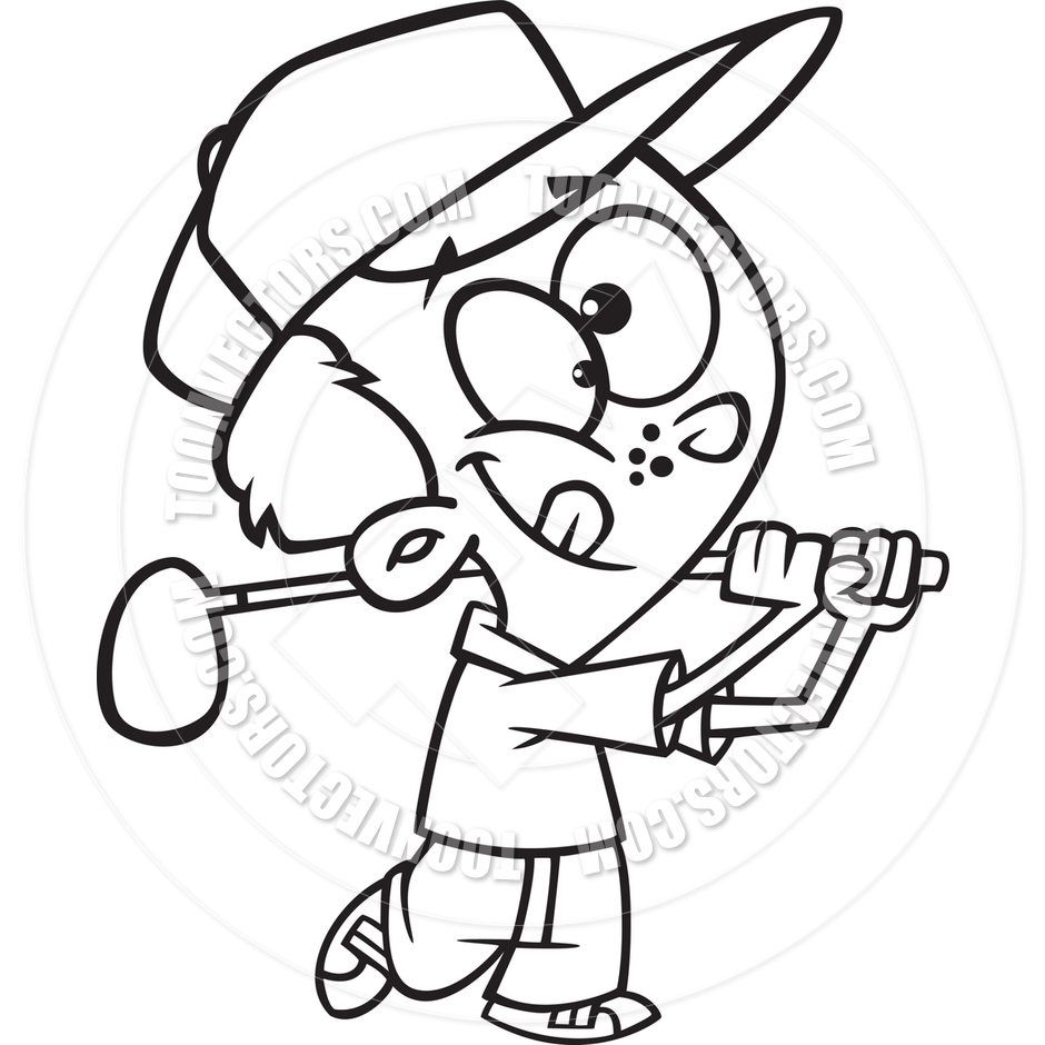 940x940 Cartoon Little Boy Playing Golf (Black Amp White Line Art) By Ron