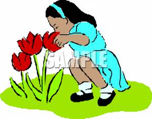 300x235 Free Clipart Image A Girl Leaning Down And Smelling Flowers