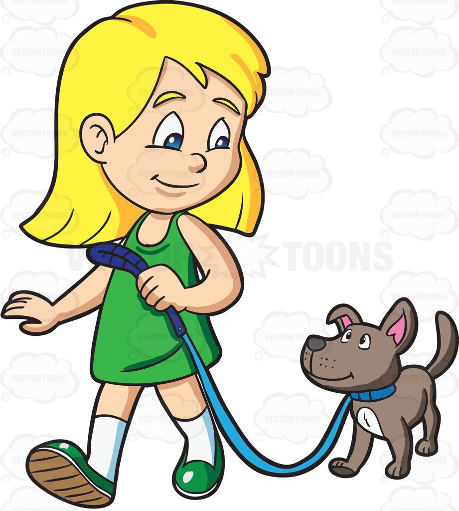 921x1024 A Girl Takes Her Dog For A Walk Cartoon Clipart