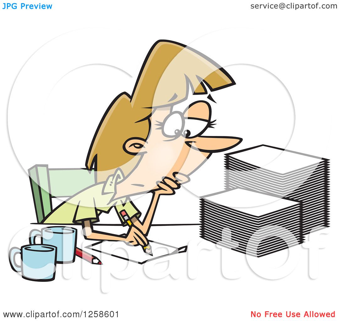 1080x1024 Clipart Of A Cartoon Tired Caucasian Woman Grading Or Marking