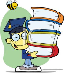 261x300 Smiling Child In A Graduation Cap And Gown With A Stack Of Books