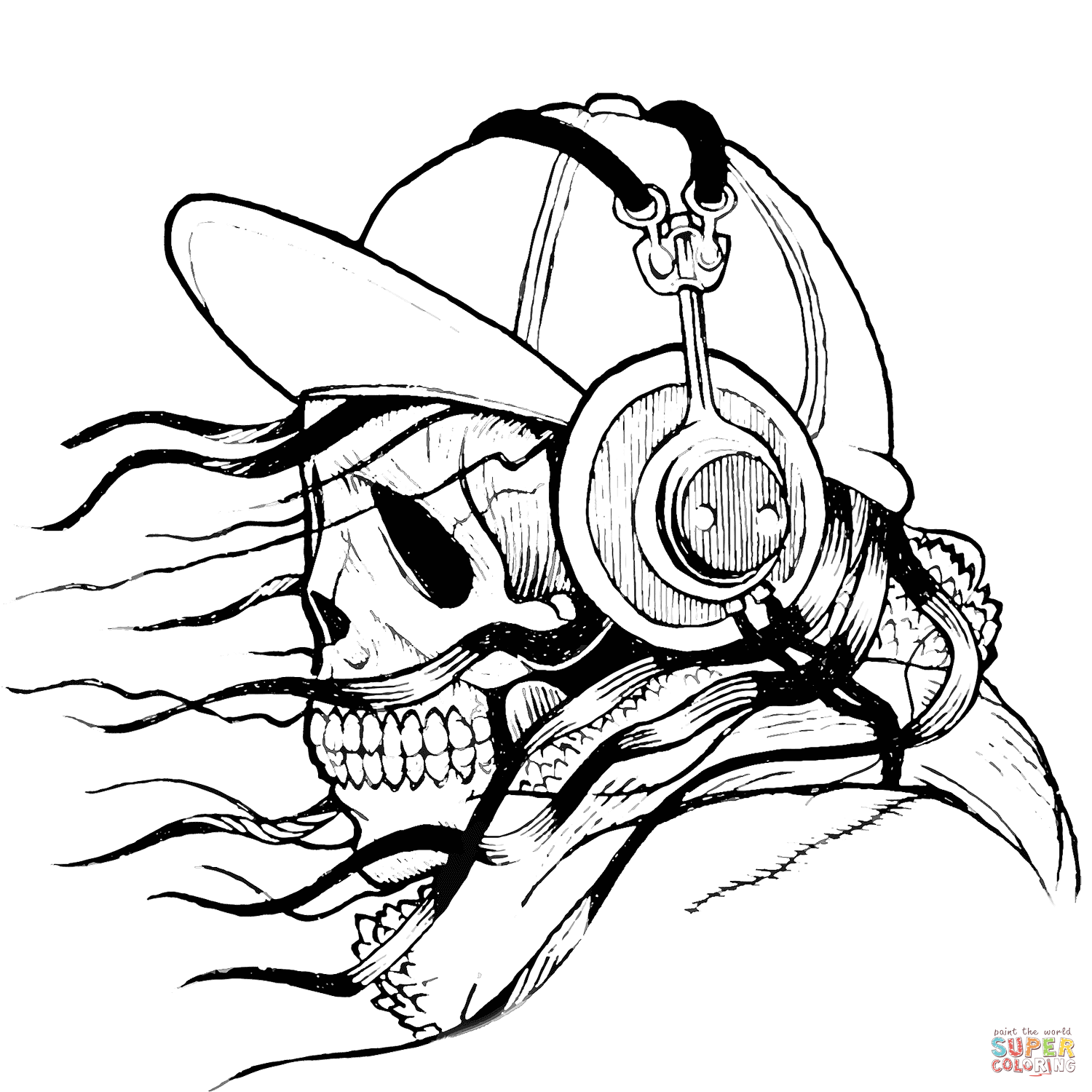 1500x1500 Skull In Cap And Headphones Coloring Page Free Printable
