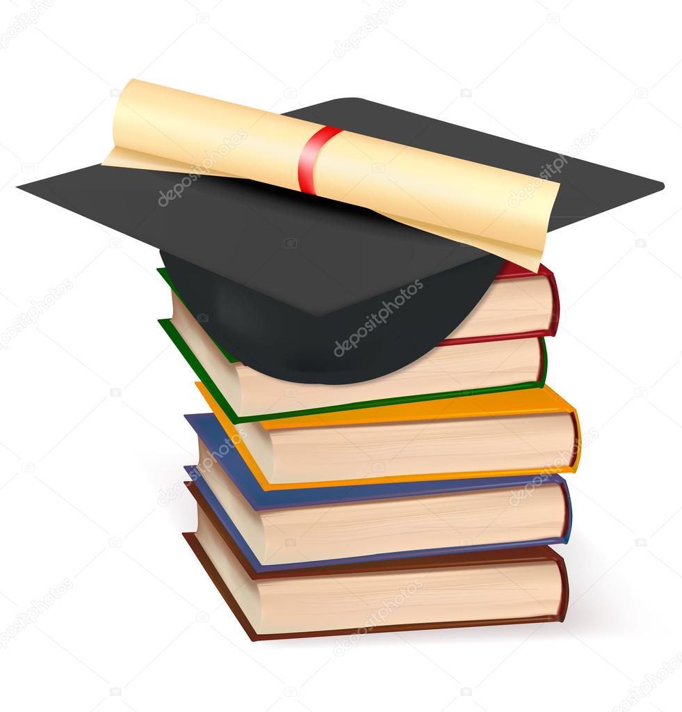 981x1023 Graduation Cap And Diploma Laying On Stack Of Books. Vector