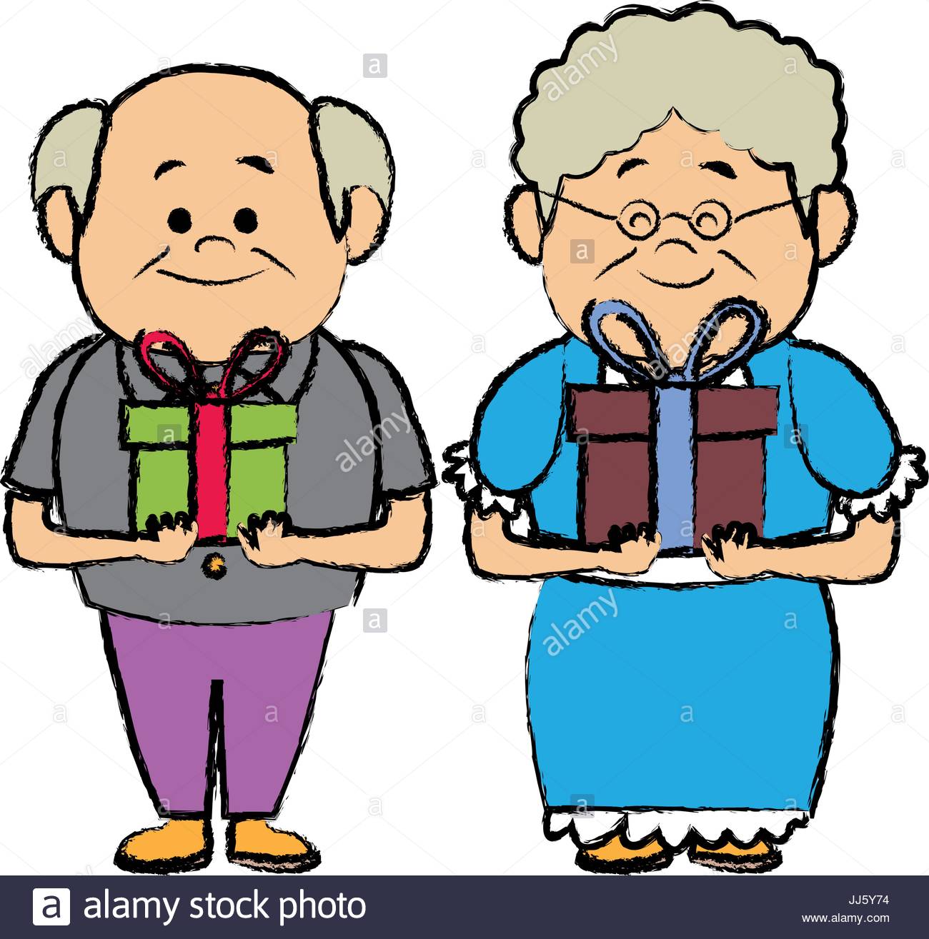1300x1315 Grandparents Holding Gift Box Grandpa And Grandma Standing Stock