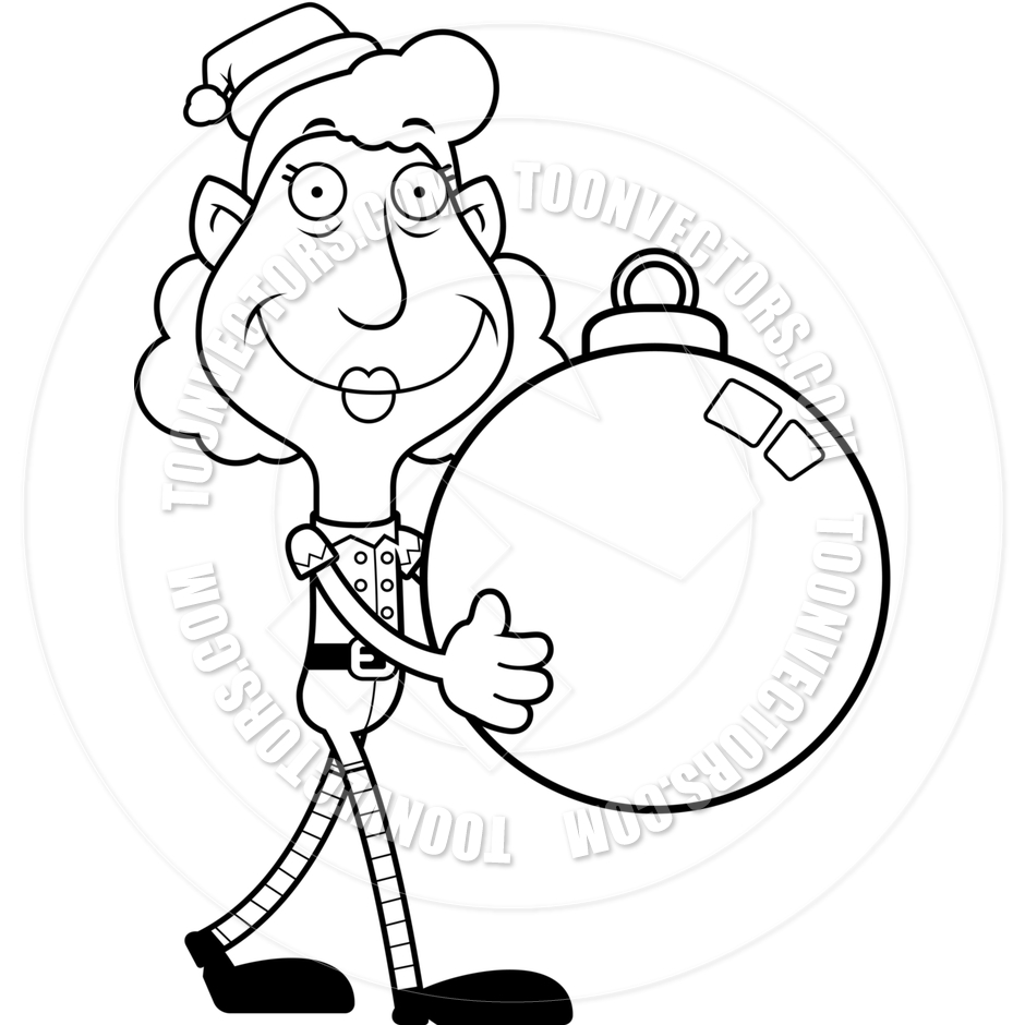 940x940 Cartoon Christmas Elf Grandma Ornament (Black And White Line Art