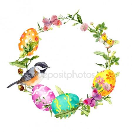 450x450 Easter Wreath With Colored Eggs, Bird In Grass And Flowers. Round