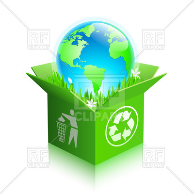 400x400 Globe Inside Carton Box With Grass And Flowers Royalty Free Vector