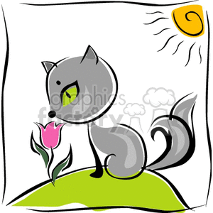 300x300 Royalty Free Cute Cartoon Gray Fluffy Cat Smelling A Pink Tulip