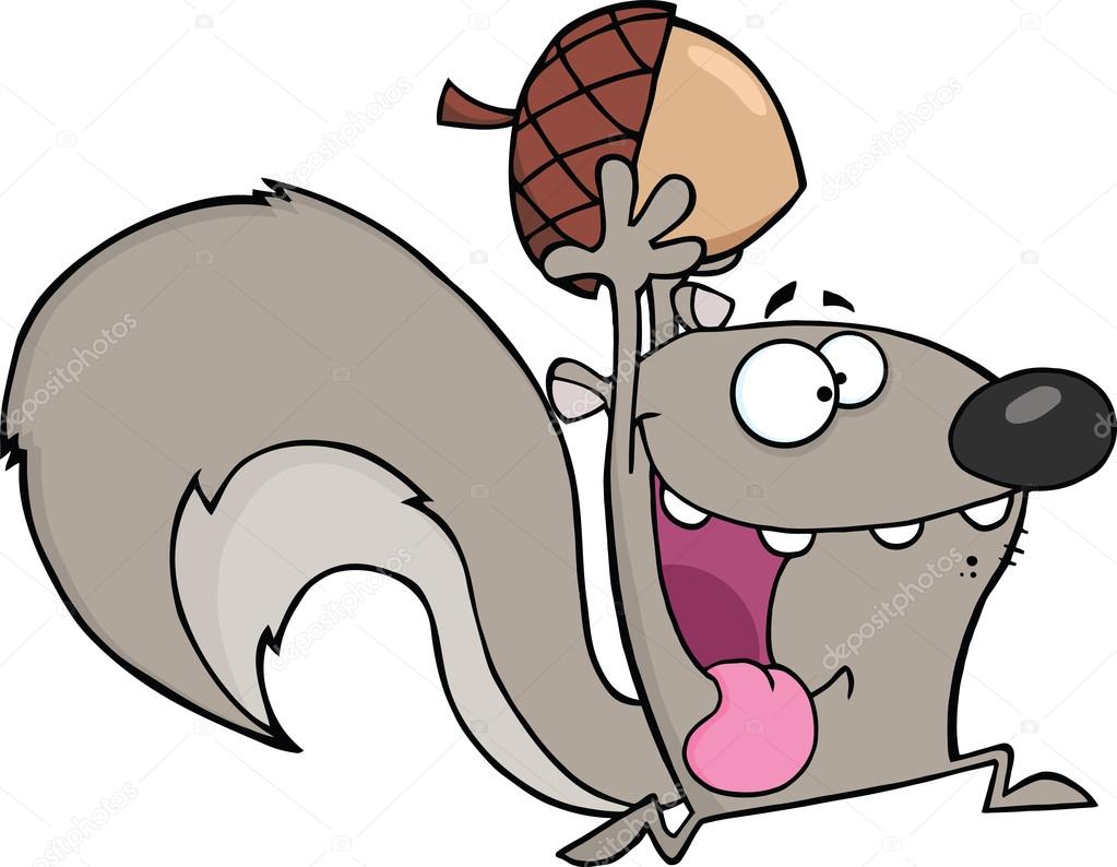 1023x794 Crazy Gray Squirrel Cartoon Character Running With Acorn Stock