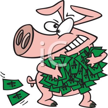 348x350 Cartoon Of A Greedy Pig Holding A Wad Of Cash
