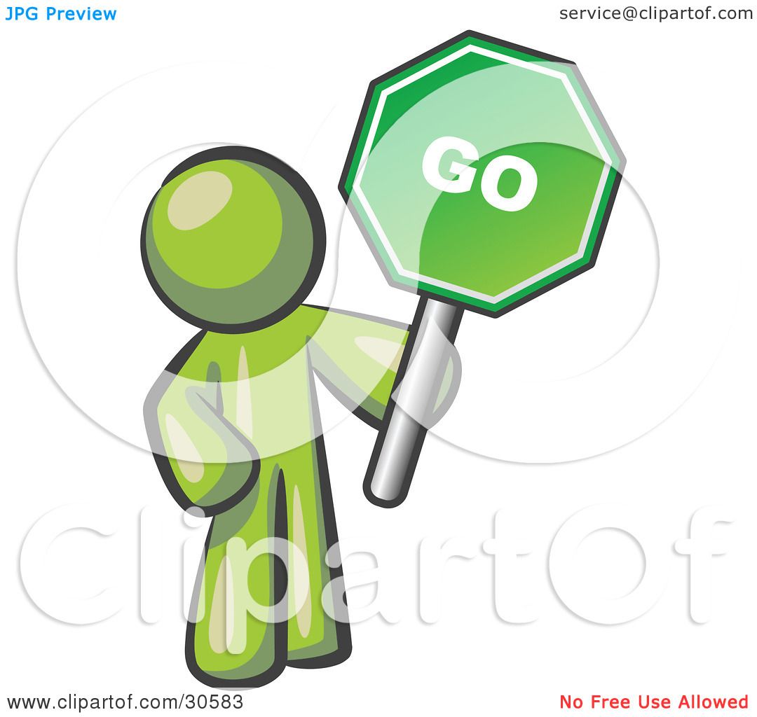 1080x1024 Clipart Illustration Of An Olive Green Man Holding Up A Green Go