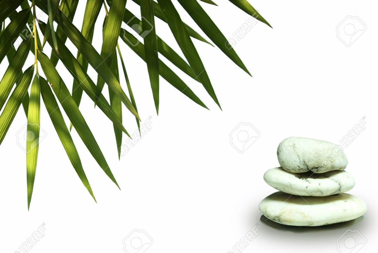 1300x870 Zen Stones Pyramid On White Background, Green Leaves Bamboo