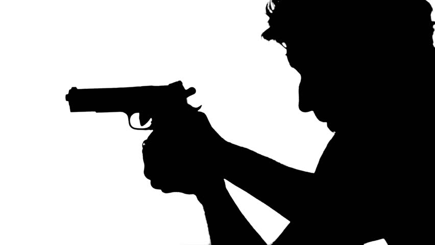 852x480 Gunman Portrait. Silhouette Of A Man Aiming With A Gun Over White