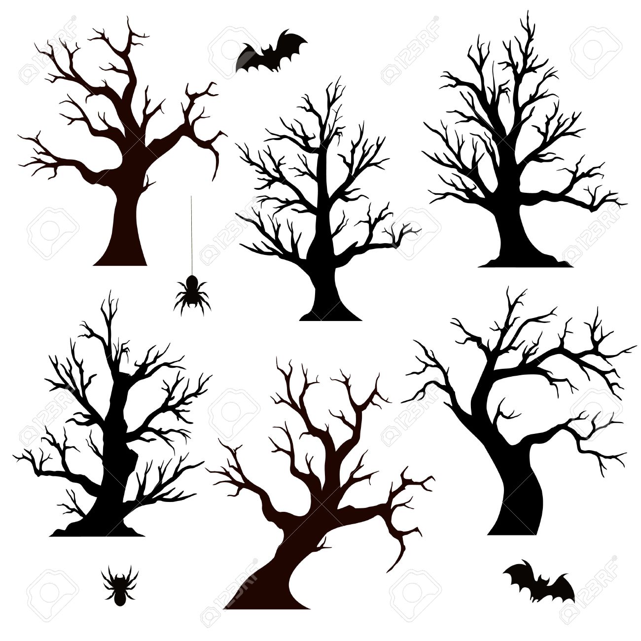 1300x1300 Halloween Trees, Spiders And Bats On White Background Royalty Free