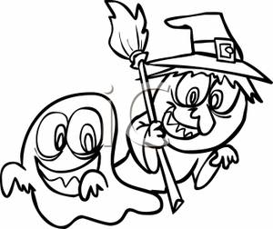 300x252 Black And White Cartoon Of A Two Children Dressed In Halloween