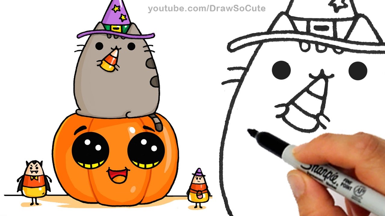 1280x720 How To Draw Pusheen Cat On Pumpkin With Candy Corn Step By Step