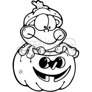 300x300 Royalty Free Cartoon Frog Peaking Out Of A Pumpkin For Halloween