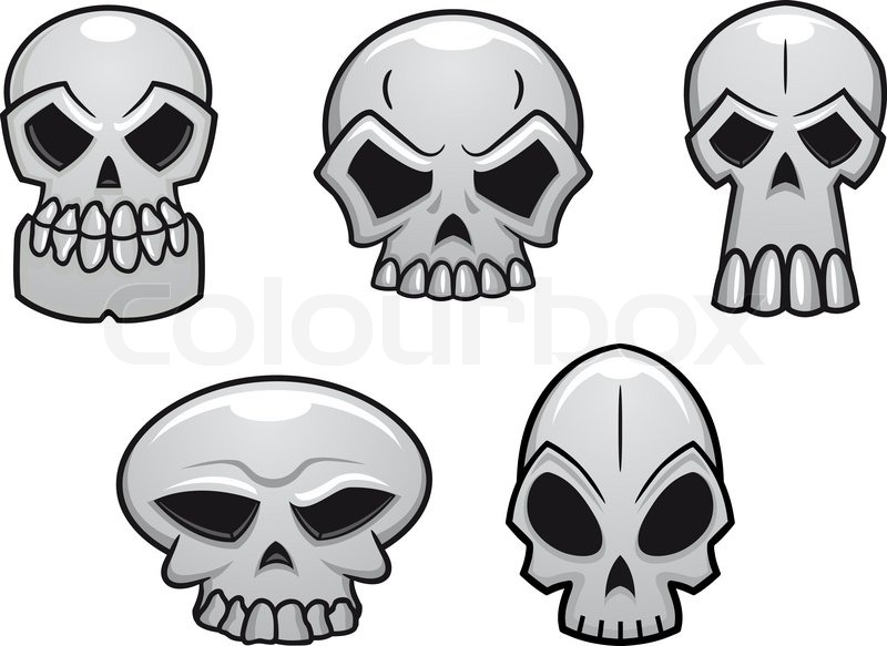 800x583 Different Human Skulls For Halloween In Cartoon Style Stock