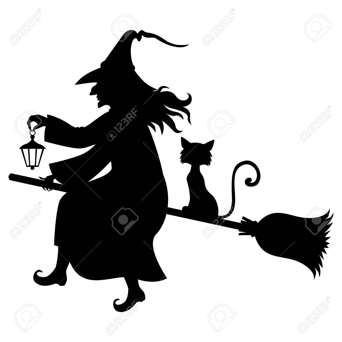 1300x1300 Vector Illustrations Of Halloween Silhouette Witch And Cat Flying