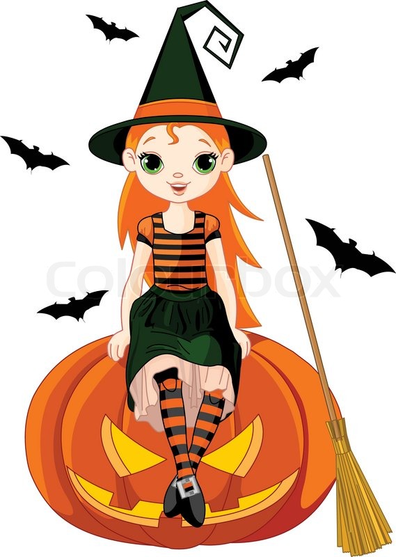 569x800 Little Halloween Witch On Pumpkin Stock Vector Colourbox