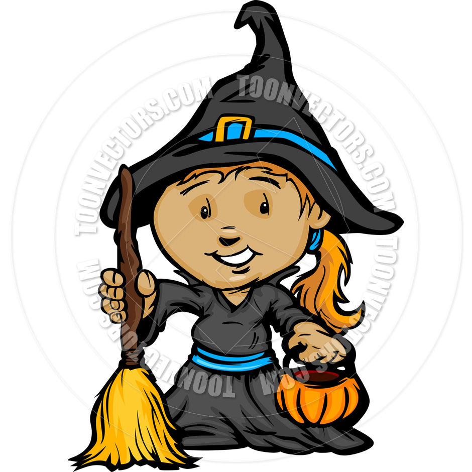 940x940 Cute Halloween Girl In Witch Costume Cartoon Vector Illustration