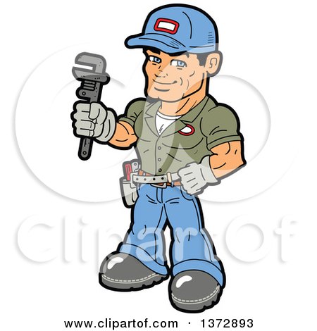 450x470 Clipart Of A Happy White Male Handyman Holding A Monkey Wrench