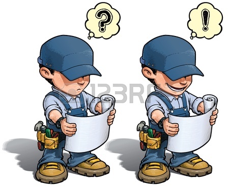 450x369 Cartoon Illustration Of A Handyman Reading A Blueprint Stock Photo