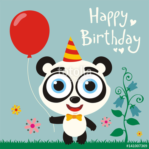 500x500 Happy Birthday To You! Funny Panda Bear With Red Balloon. Birthday