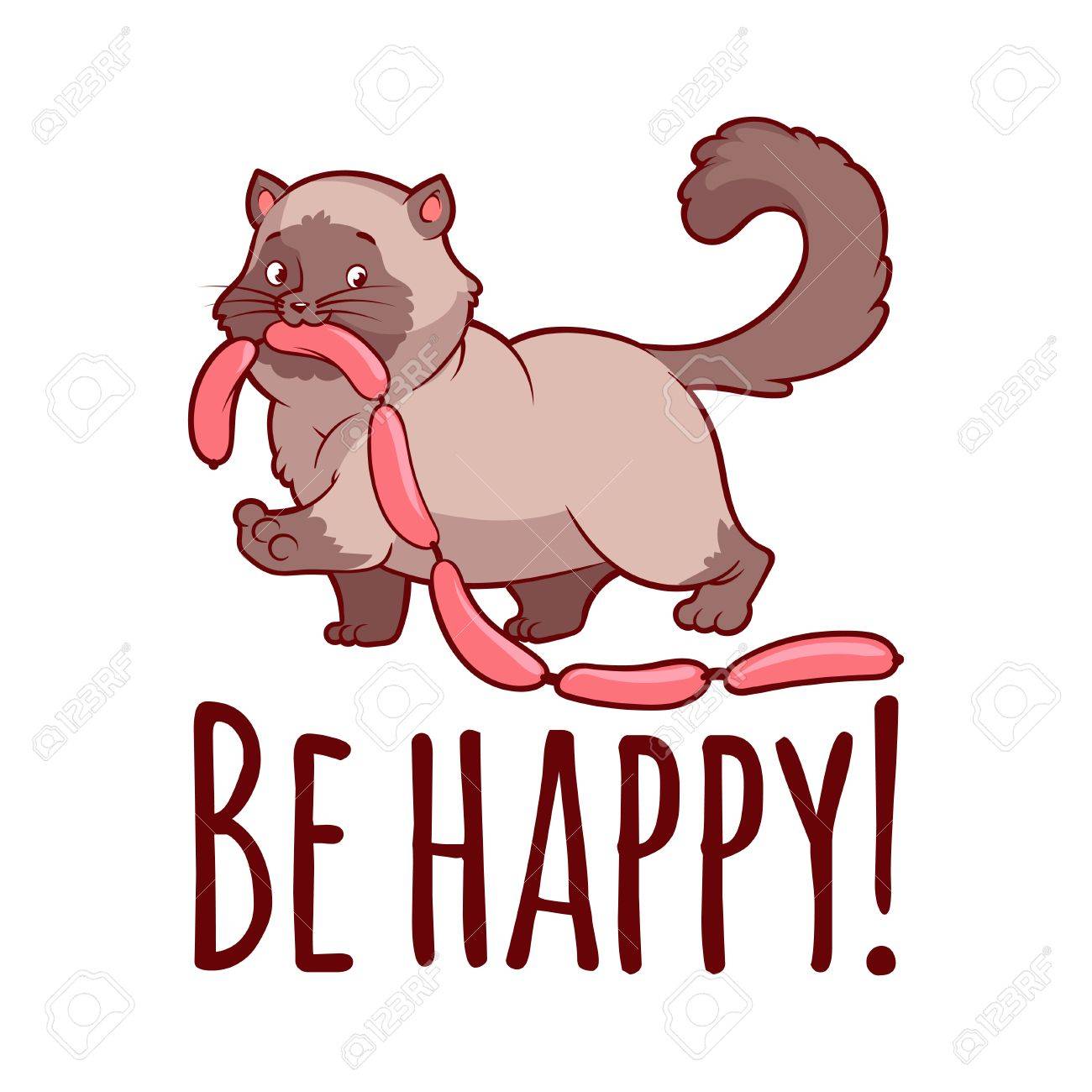 1300x1300 Happy Fat Cat With Sausages. Card Be Happy! Vector Clip Art