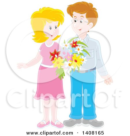 450x470 Clipart Of A Happy Caucasian Couple Holding Flowers And Looking